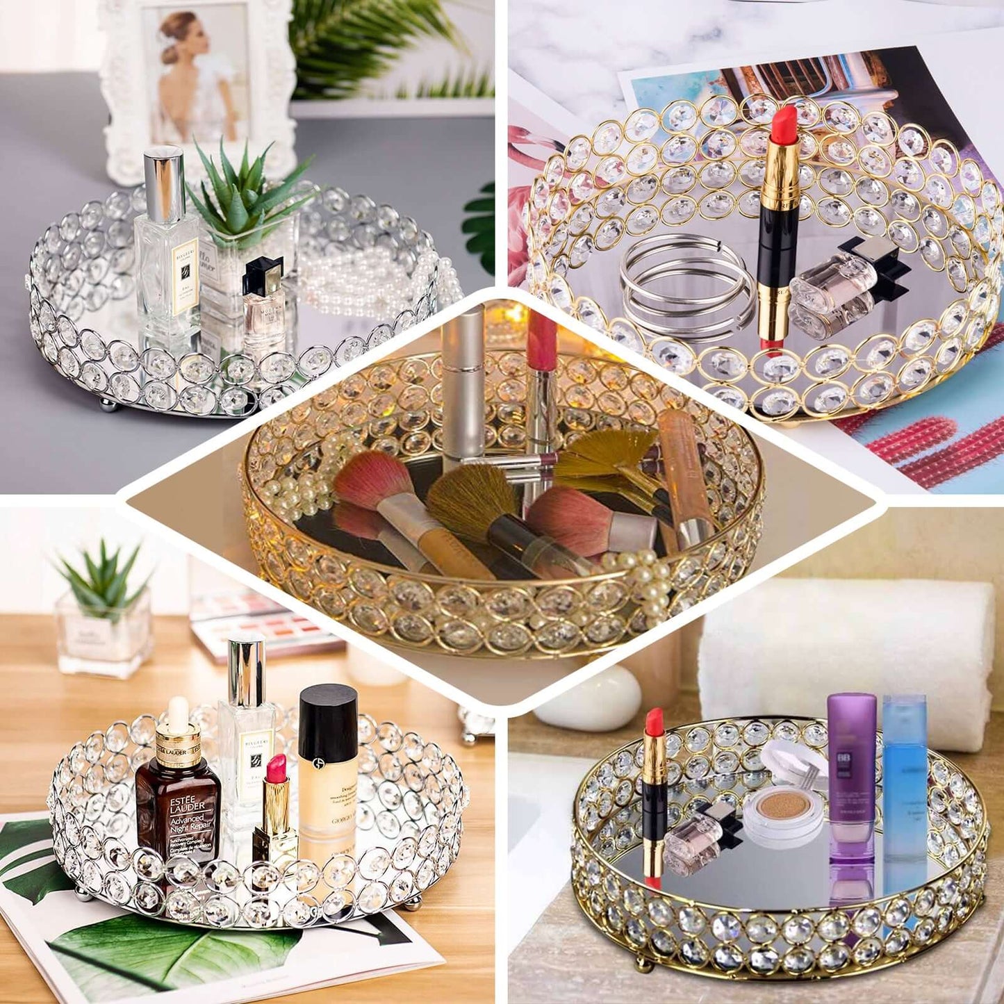 Set of 2 Metal Serving Trays 13", 9" Round Gold with Mirrored Top, Classy Decorative Vanity Tray Centerpiece - Linen Luxes