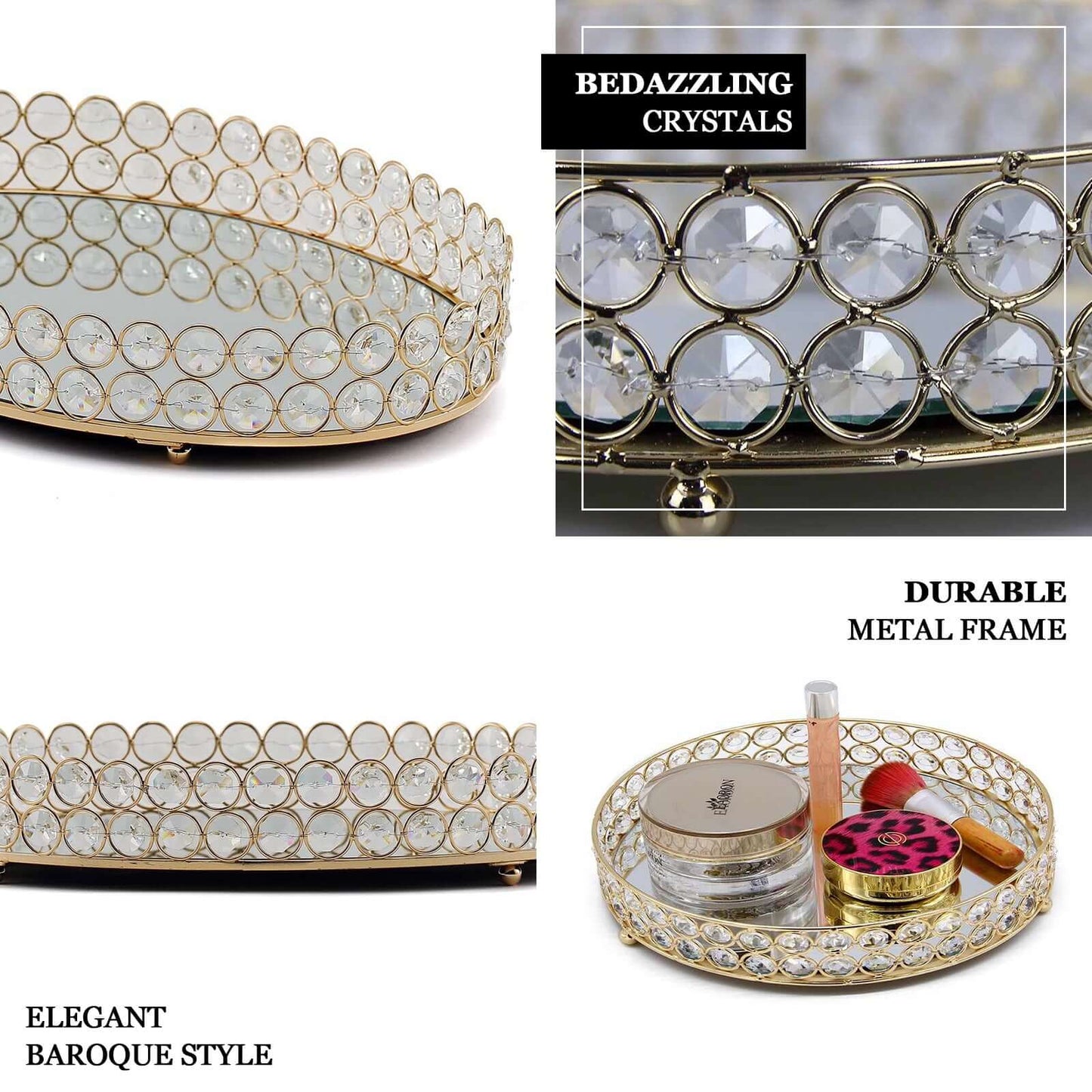 Set of 2 Metal Serving Trays 13", 9" Round Gold with Mirrored Top, Classy Decorative Vanity Tray Centerpiece - Linen Luxes