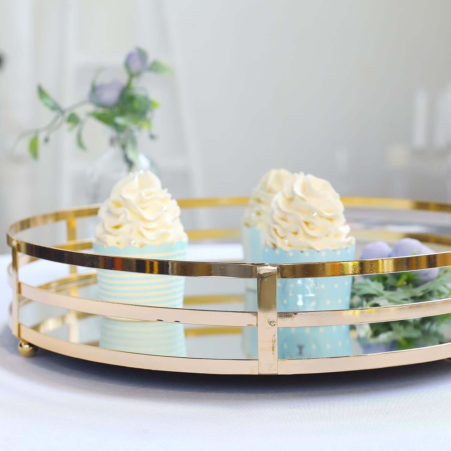 Set of 2 Metal Serving Trays 13", 9" Round Gold with Mirrored Top, Classy Decorative Vanity Tray Centerpiece - Linen Luxes