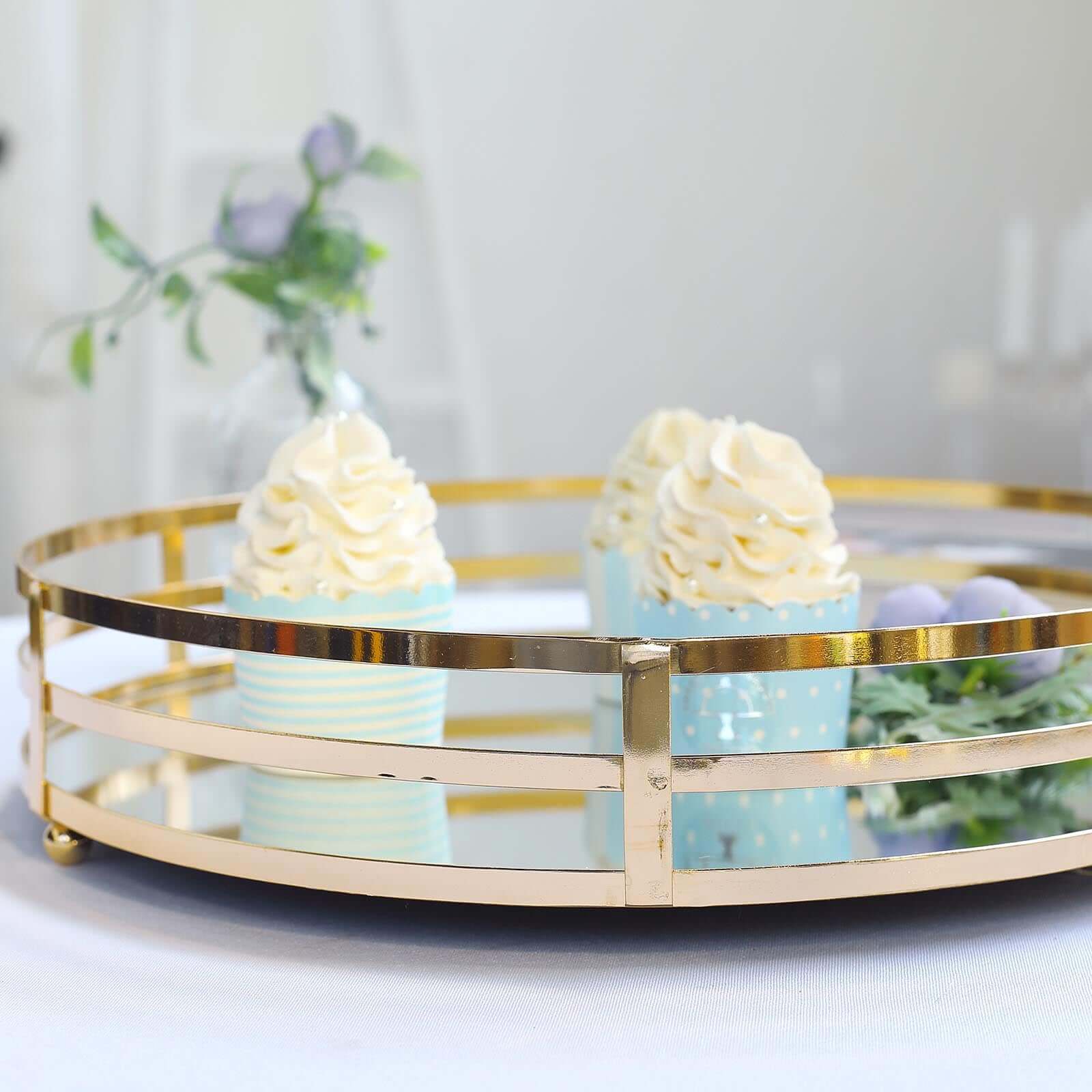 Set of 2 Metal Serving Trays 13", 9" Round Gold with Mirrored Top, Classy Decorative Vanity Tray Centerpiece - Linen Luxes