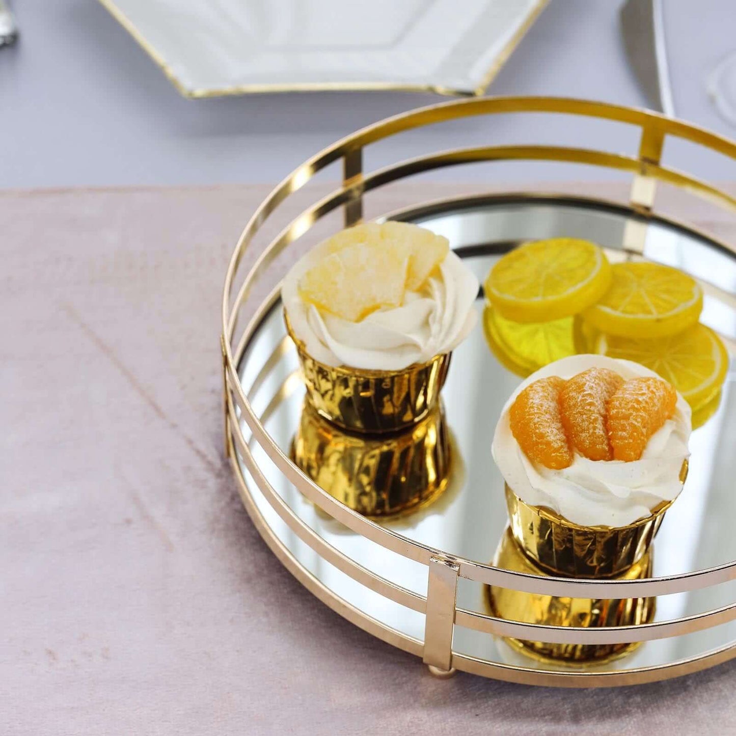 Set of 2 Metal Serving Trays 13", 9" Round Gold with Mirrored Top, Classy Decorative Vanity Tray Centerpiece - Linen Luxes