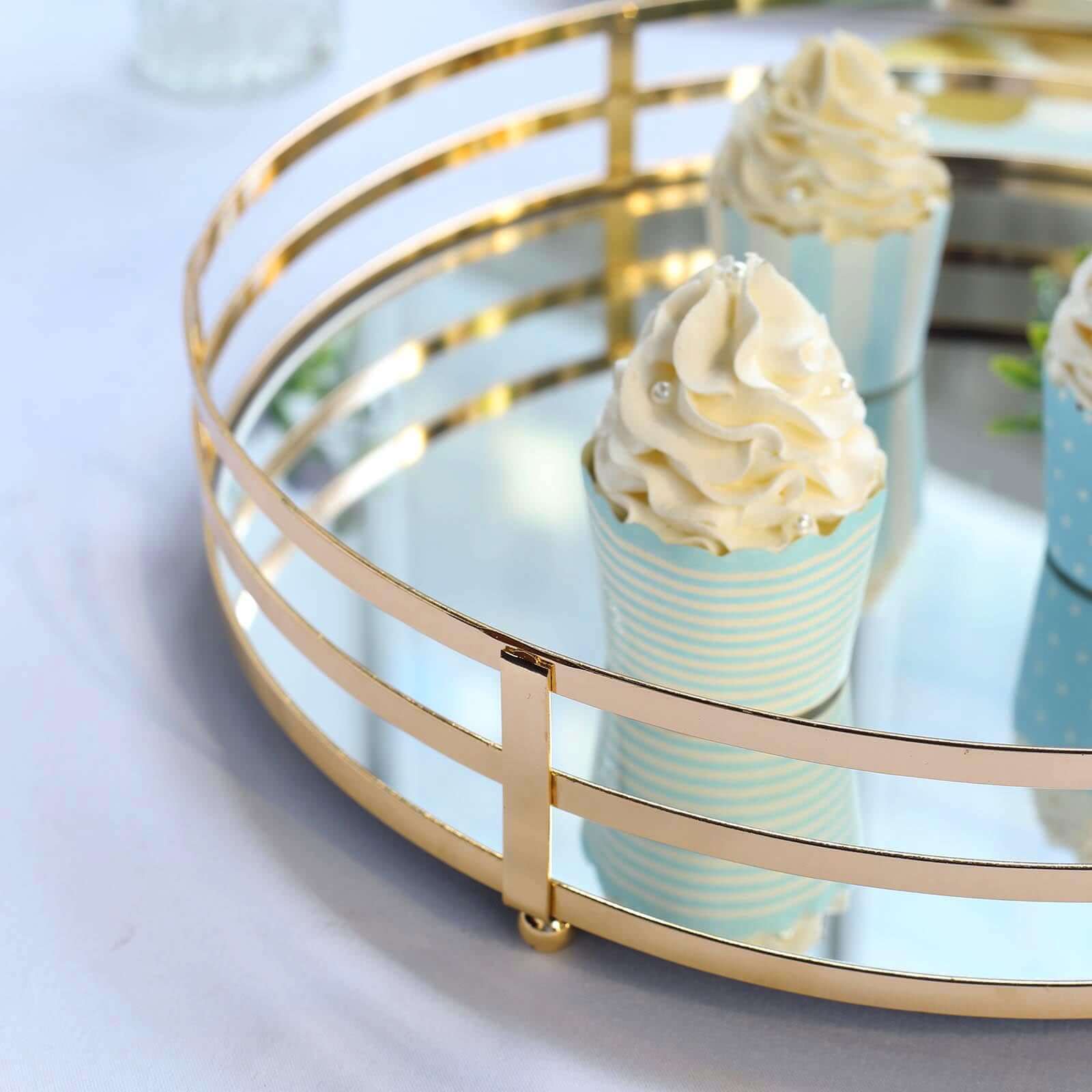 Set of 2 Metal Serving Trays 13", 9" Round Gold with Mirrored Top, Classy Decorative Vanity Tray Centerpiece - Linen Luxes