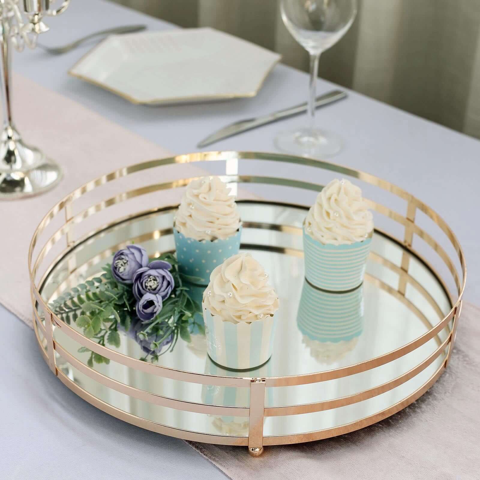 Set of 2 Metal Serving Trays 13", 9" Round Gold with Mirrored Top, Classy Decorative Vanity Tray Centerpiece - Linen Luxes
