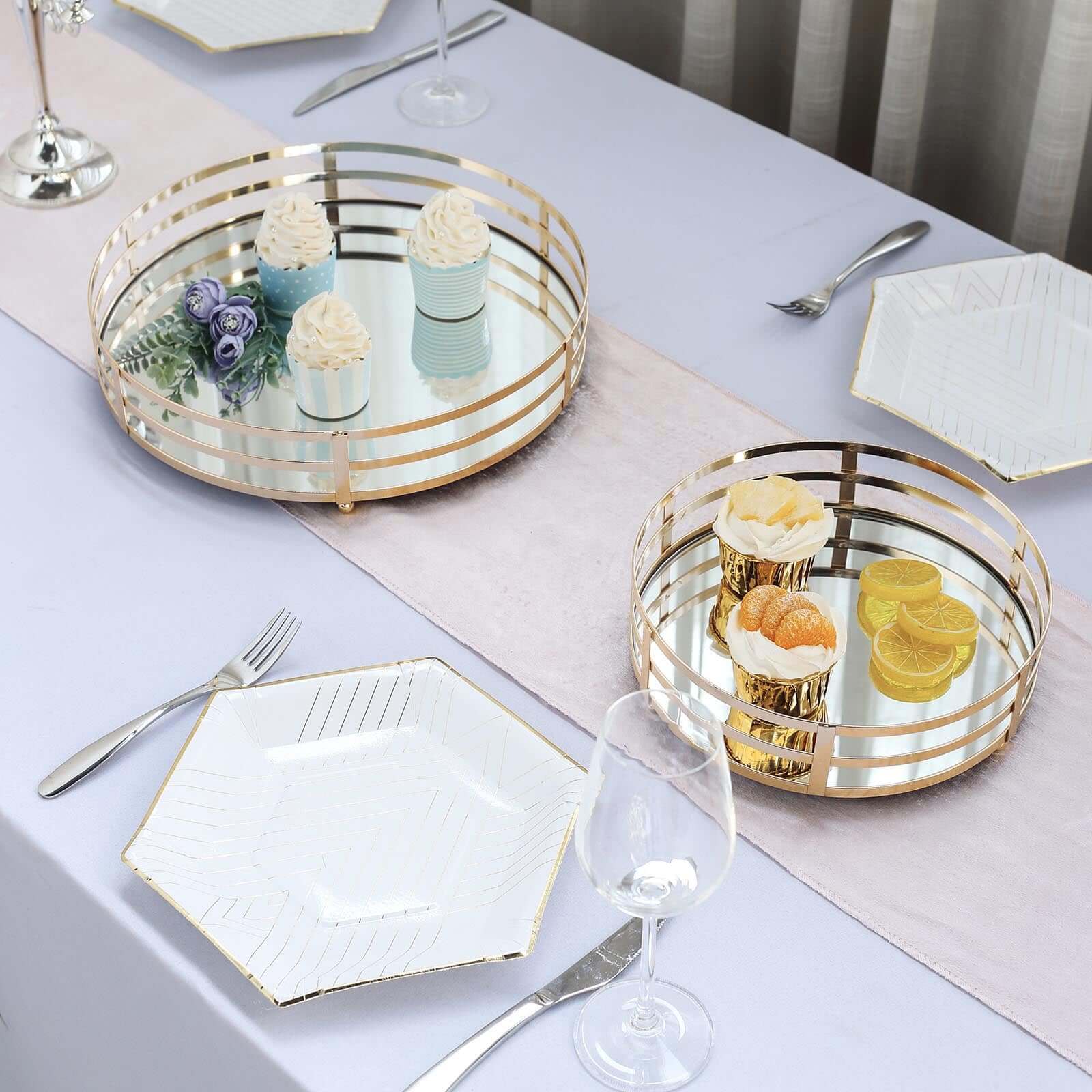 Set of 2 Metal Serving Trays 13", 9" Round Gold with Mirrored Top, Classy Decorative Vanity Tray Centerpiece - Linen Luxes