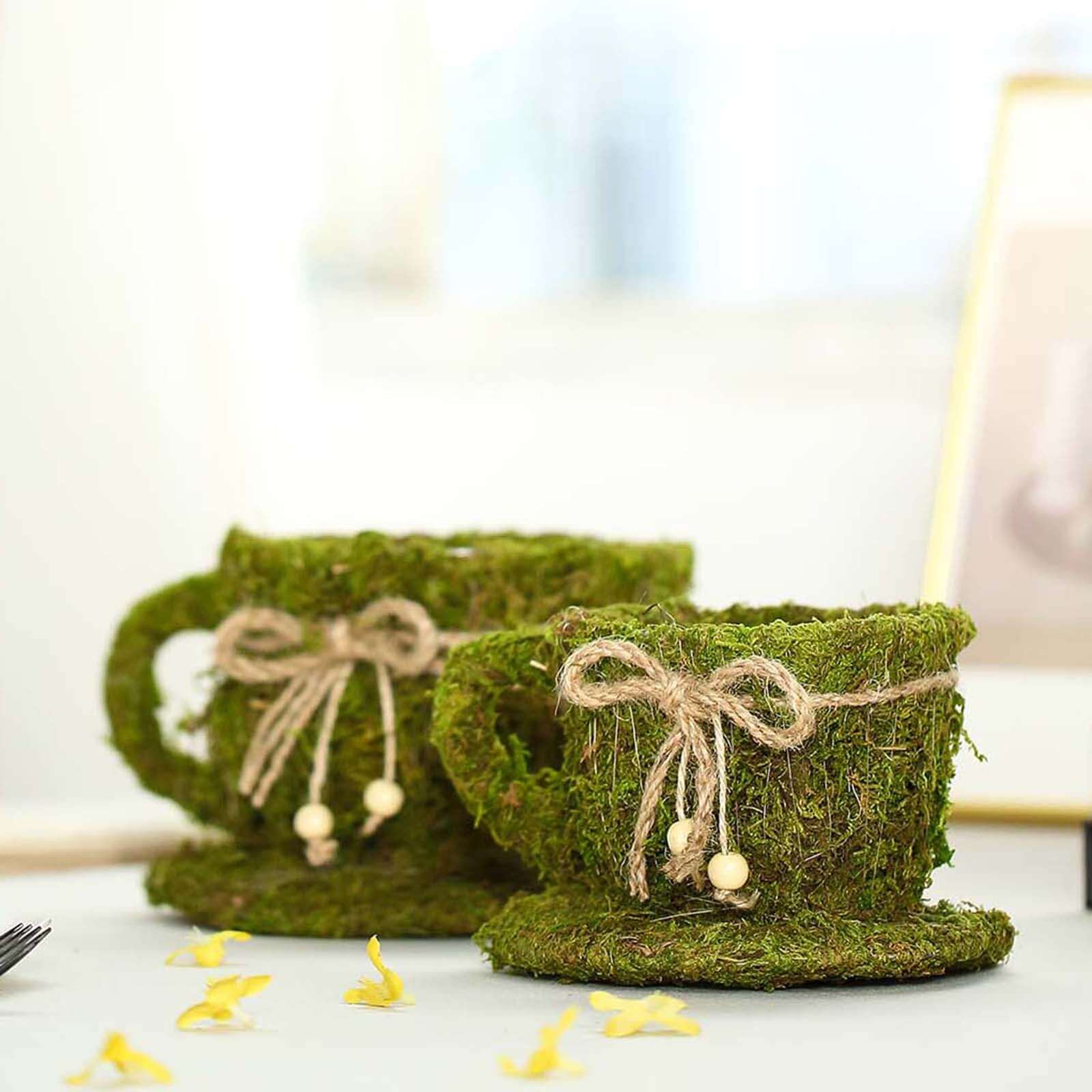 Set of 2 Teacup Shaped Planter Boxes Preserved Moss with Twine Green - Flower Basket Centerpieces 5", 4" - Linen Luxes