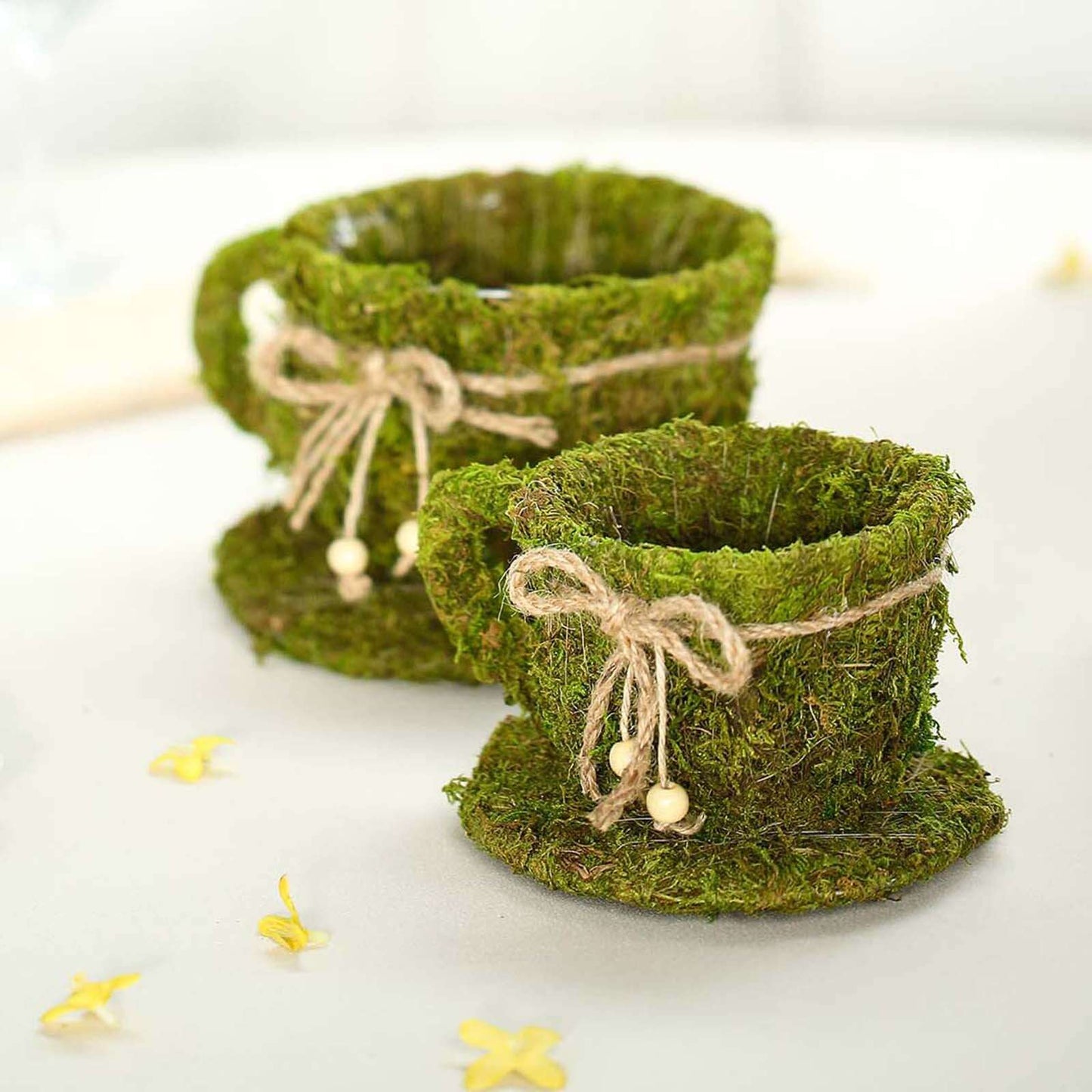 Set of 2 Teacup Shaped Planter Boxes Preserved Moss with Twine Green - Flower Basket Centerpieces 5", 4" - Linen Luxes