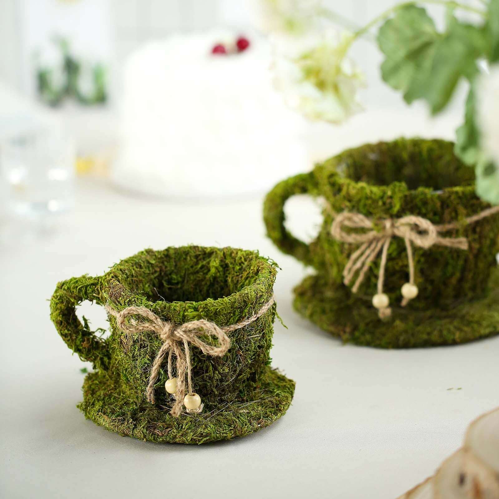 Set of 2 Teacup Shaped Planter Boxes Preserved Moss with Twine Green - Flower Basket Centerpieces 5", 4" - Linen Luxes