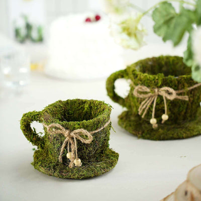 Set of 2 Teacup Shaped Planter Boxes Preserved Moss with Twine Green - Flower Basket Centerpieces 5", 4" - Linen Luxes