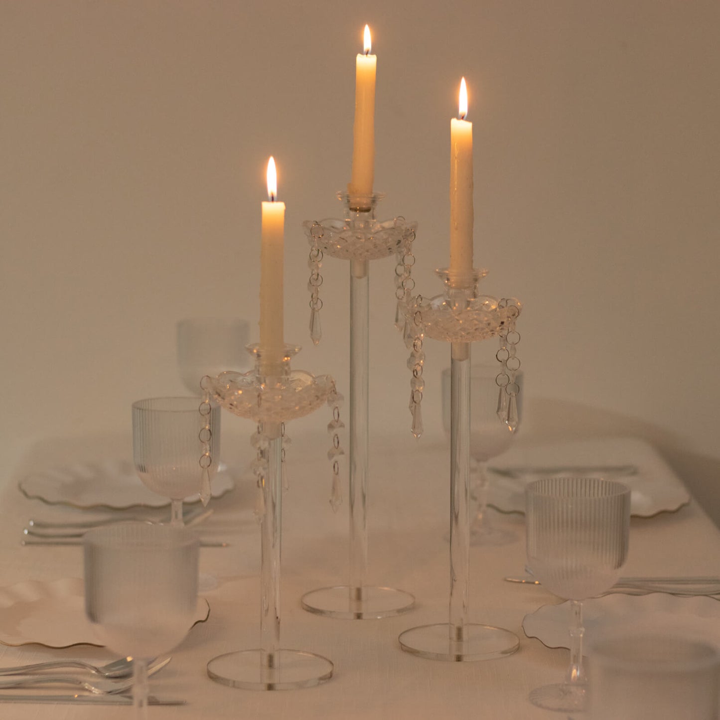 Set of 3 Acrylic Taper Candle Holders with Hanging Bead & Prism Accents â€“ Elegant Candlestick Stands - 11",13",15"