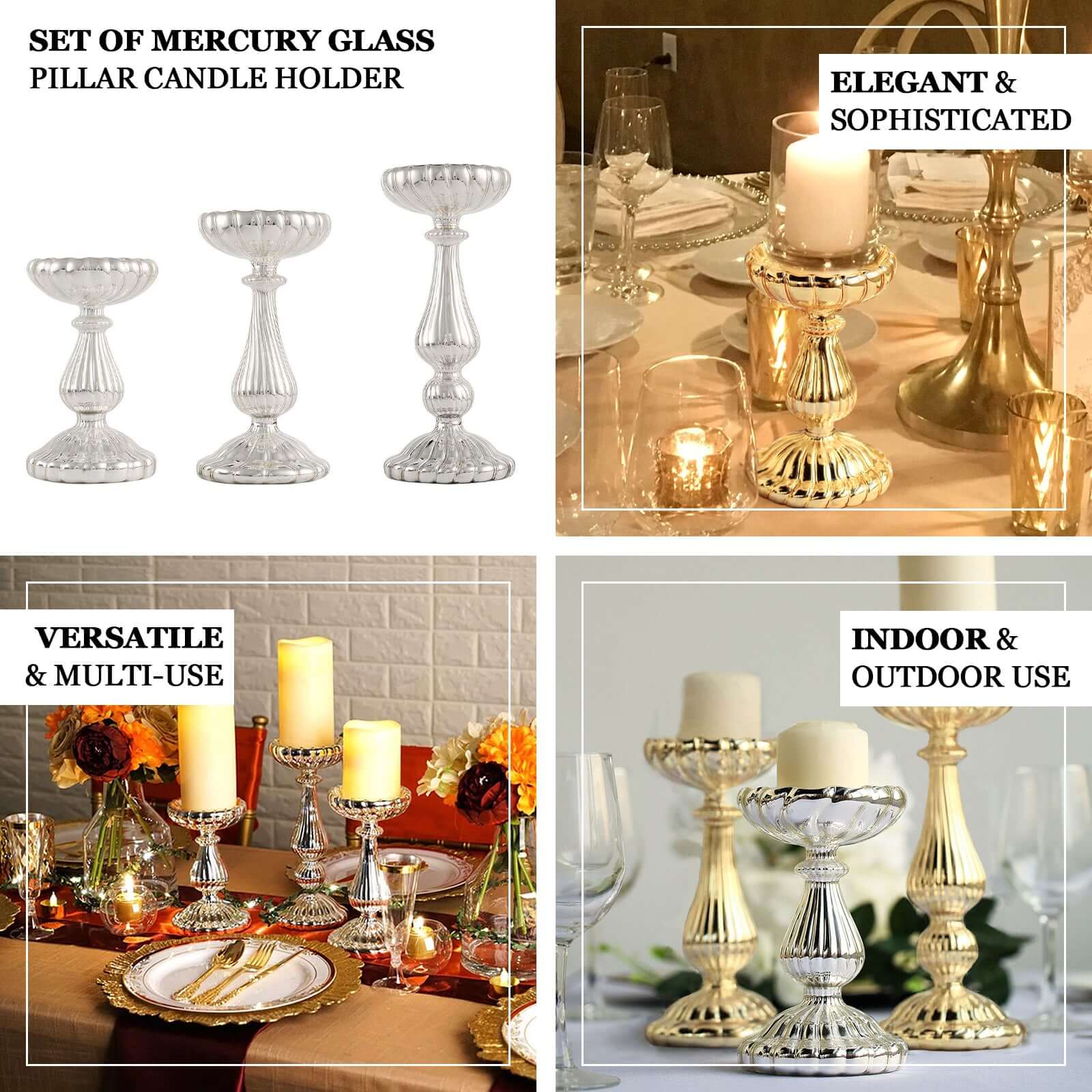 Set of 3 Candle Holder Stands Gold Mercury Glass Pillar Design - Stylish Votive Centerpieces for Tables & Decor 7", 8", 10" - Linen Luxes