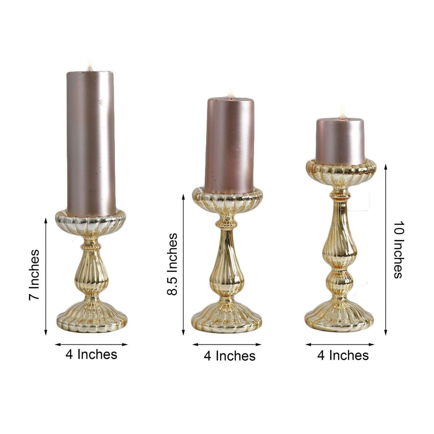 Set of 3 Candle Holder Stands Gold Mercury Glass Pillar Design - Stylish Votive Centerpieces for Tables & Decor 7", 8", 10" - Linen Luxes