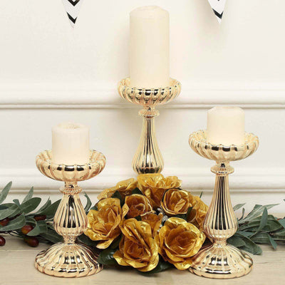 Set of 3 Candle Holder Stands Gold Mercury Glass Pillar Design - Stylish Votive Centerpieces for Tables & Decor 7", 8", 10" - Linen Luxes