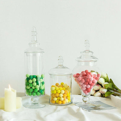 Set of 3 Glass Candy Jars Modern Apothecary Design Clear with Snap - On Lids - Stylish Party Favor Containers 9"/13"/14" - Linen Luxes
