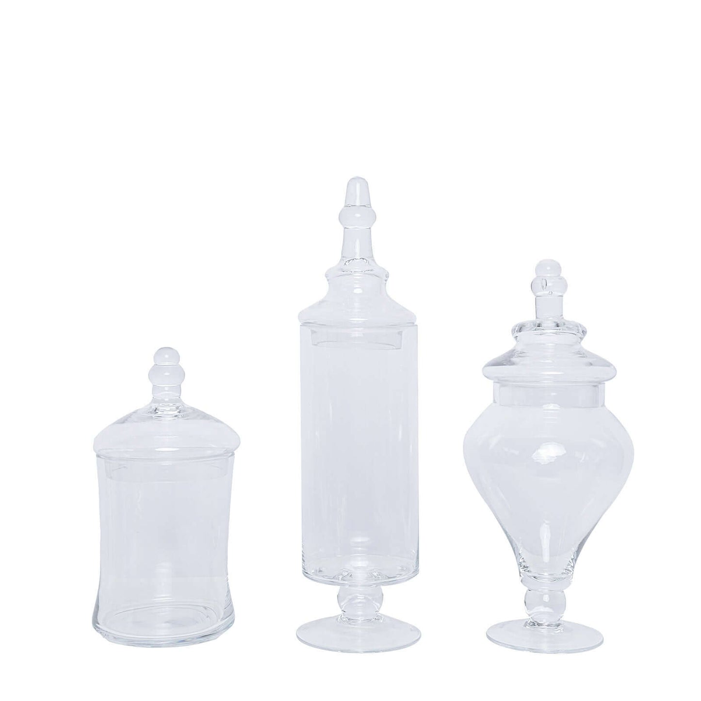 Set of 3 Glass Candy Jars Modern Apothecary Design Clear with Snap - On Lids - Stylish Party Favor Containers 9"/13"/14" - Linen Luxes