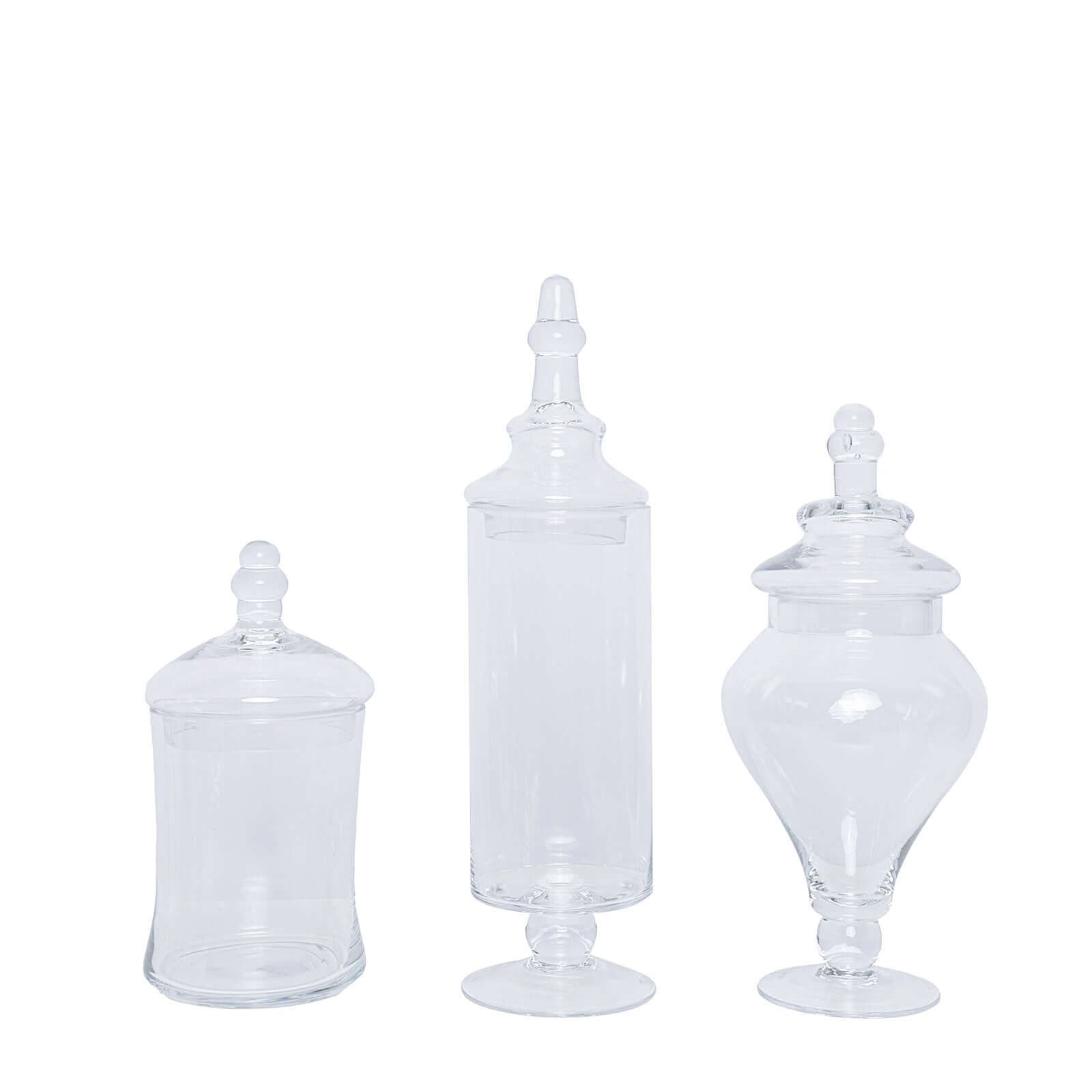 Set of 3 Glass Candy Jars Modern Apothecary Design Clear with Snap - On Lids - Stylish Party Favor Containers 9"/13"/14" - Linen Luxes