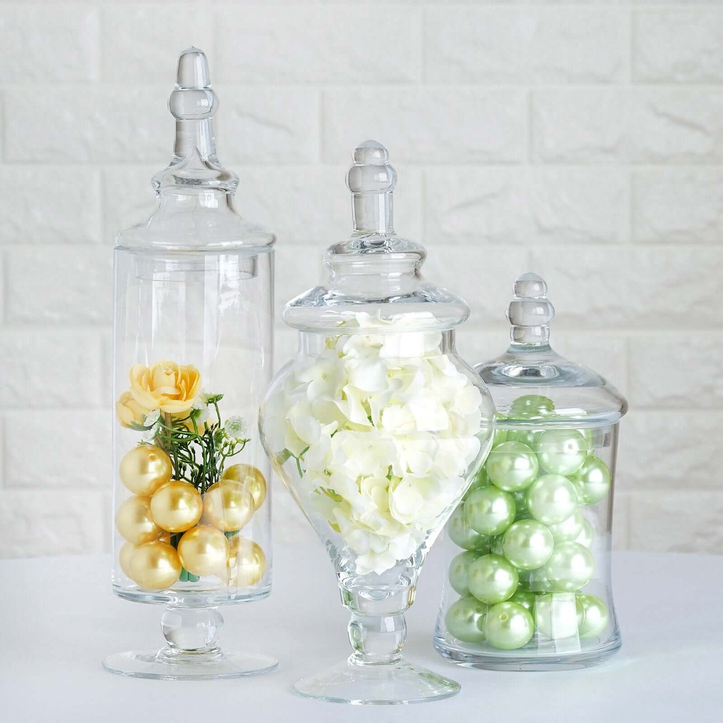 Set of 3 Glass Candy Jars Modern Apothecary Design Clear with Snap - On Lids - Stylish Party Favor Containers 9"/13"/14" - Linen Luxes