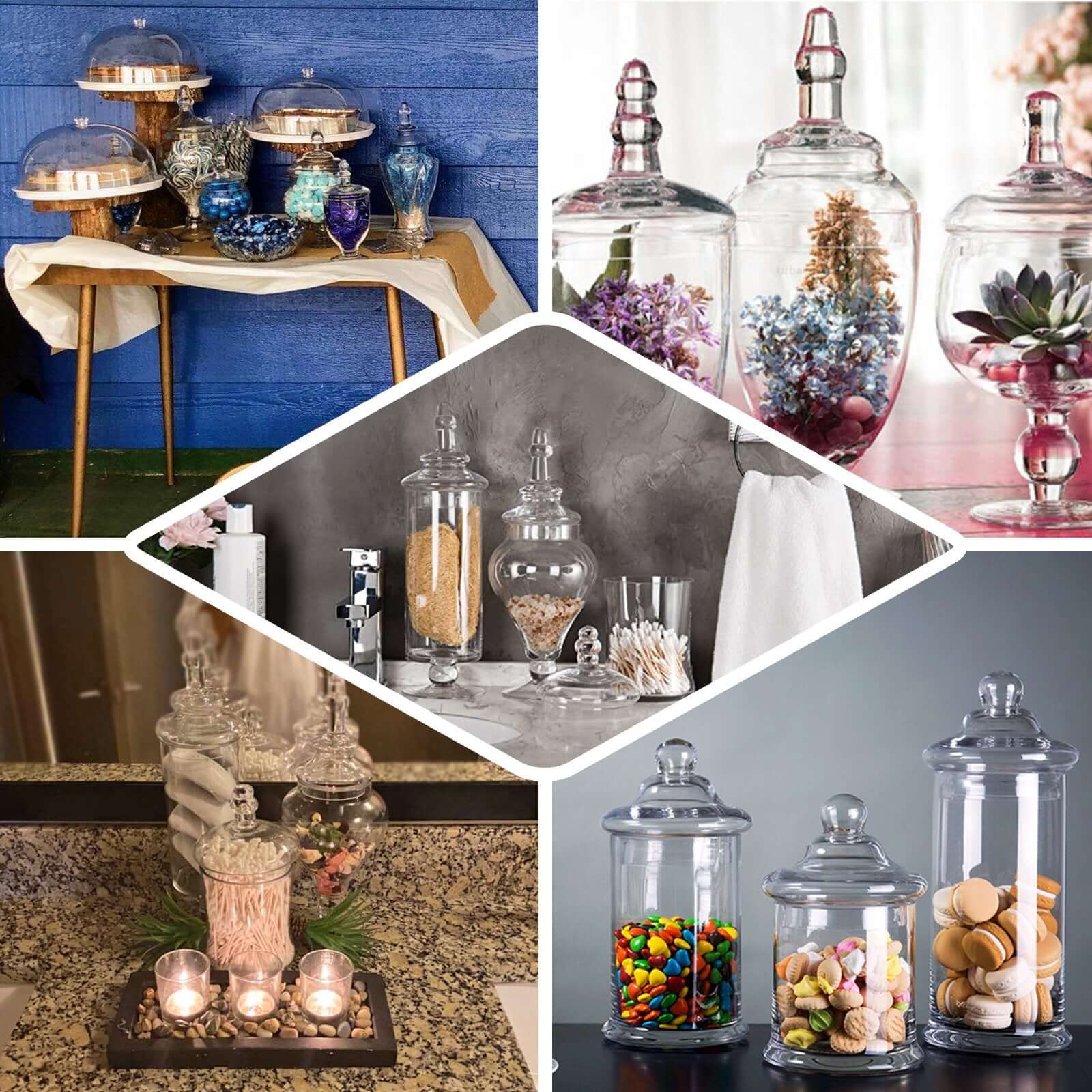 Set of 3 Glass Candy Jars Modern Apothecary Design Clear with Snap - On Lids - Stylish Party Favor Containers 9"/13"/14" - Linen Luxes