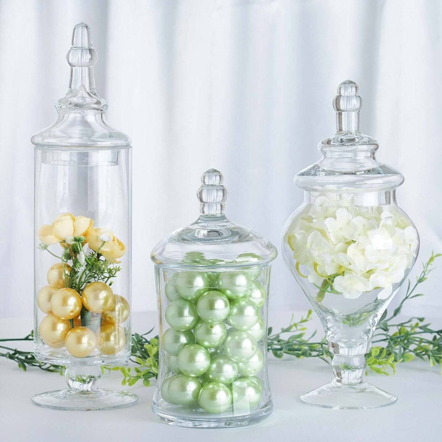 Set of 3 Glass Candy Jars Modern Apothecary Design Clear with Snap - On Lids - Stylish Party Favor Containers 9"/13"/14" - Linen Luxes