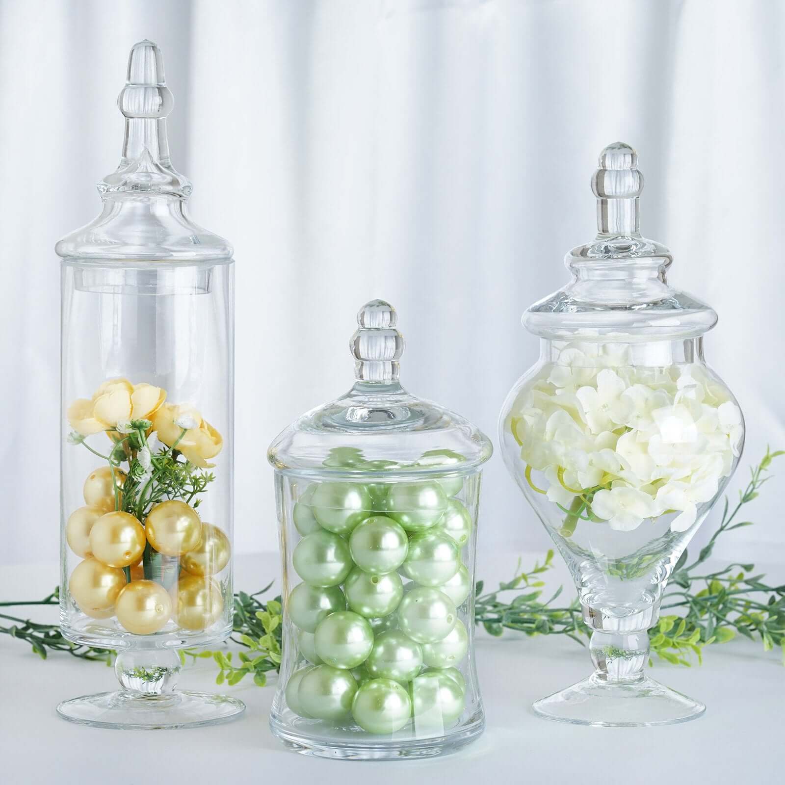 Set of 3 Glass Candy Jars Modern Apothecary Design Clear with Snap - On Lids - Stylish Party Favor Containers 9"/13"/14" - Linen Luxes