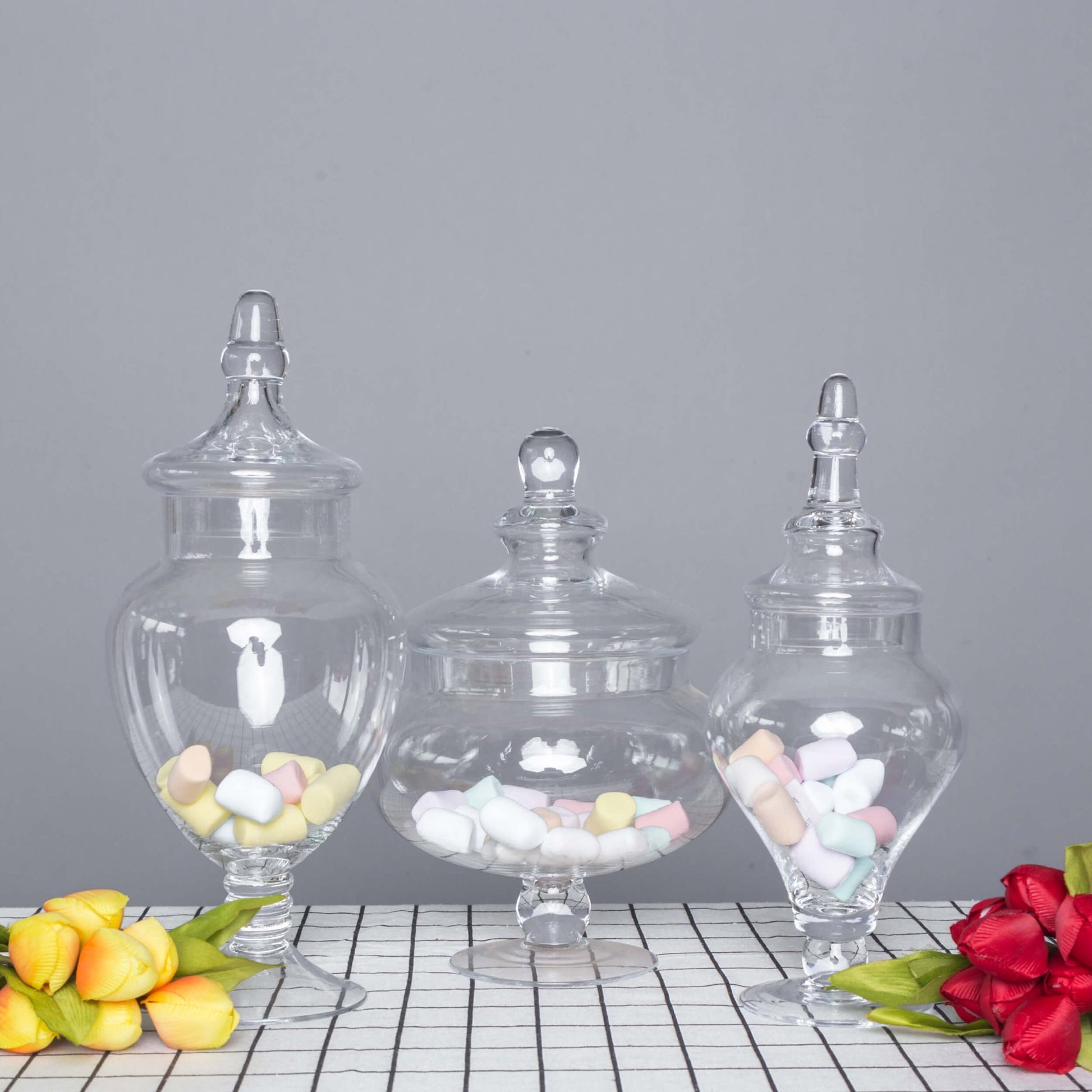Set of 3 Glass Candy Jars Pedestal Apothecary Design Clear with Snap - On Lids - Stylish Party Favor Containers 10"/12"/14" - Linen Luxes