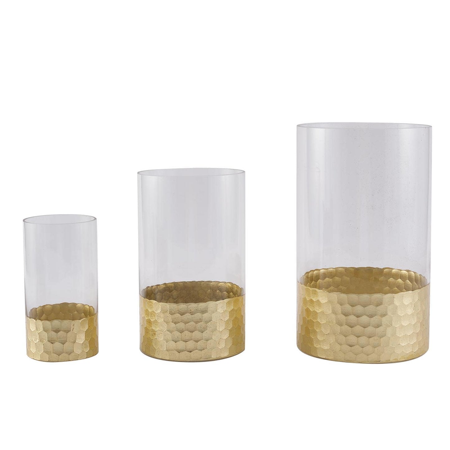 Set of 3 Glass Cylinder Vases Honeycomb Design Clear with Gold Base - Decorative Candle Holder Centerpieces 6", 8", 10" - Linen Luxes