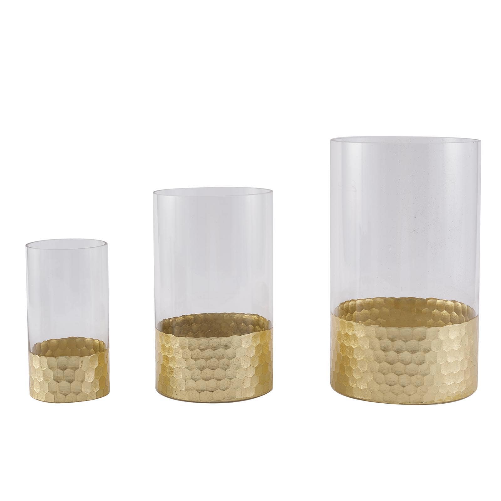 Set of 3 Glass Cylinder Vases Honeycomb Design Clear with Gold Base - Decorative Candle Holder Centerpieces 6", 8", 10" - Linen Luxes