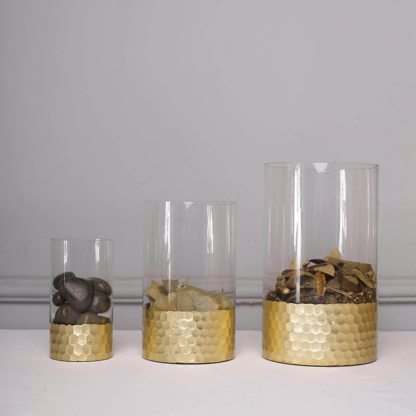 Set of 3 Glass Cylinder Vases Honeycomb Design Clear with Gold Base - Decorative Candle Holder Centerpieces 6", 8", 10" - Linen Luxes