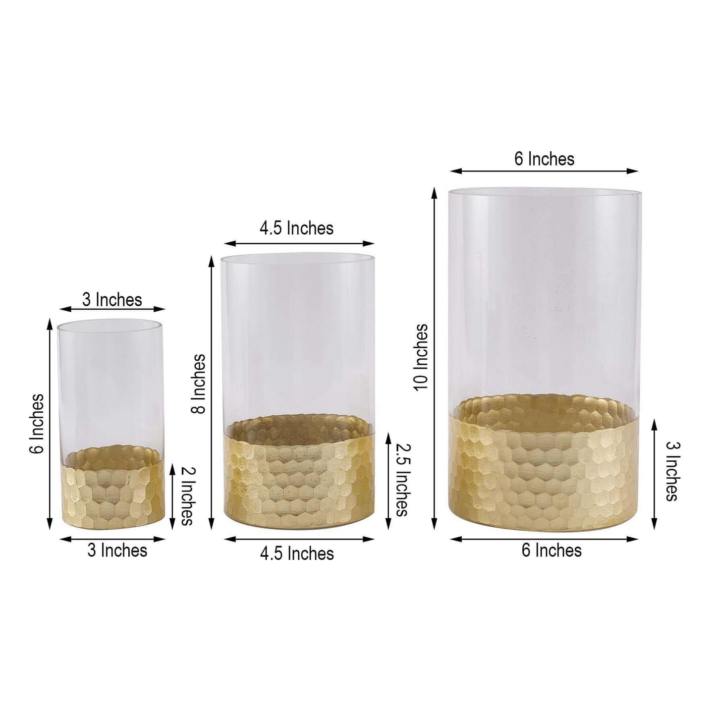 Set of 3 Glass Cylinder Vases Honeycomb Design Clear with Gold Base - Decorative Candle Holder Centerpieces 6", 8", 10" - Linen Luxes