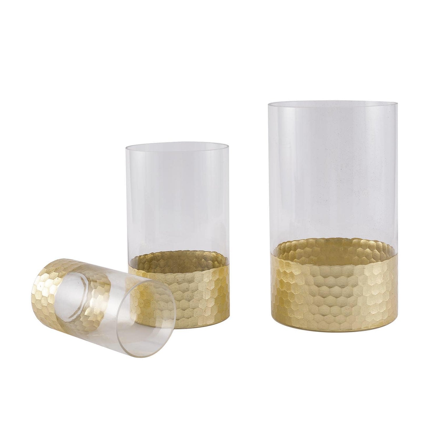 Set of 3 Glass Cylinder Vases Honeycomb Design Clear with Gold Base - Decorative Candle Holder Centerpieces 6", 8", 10" - Linen Luxes