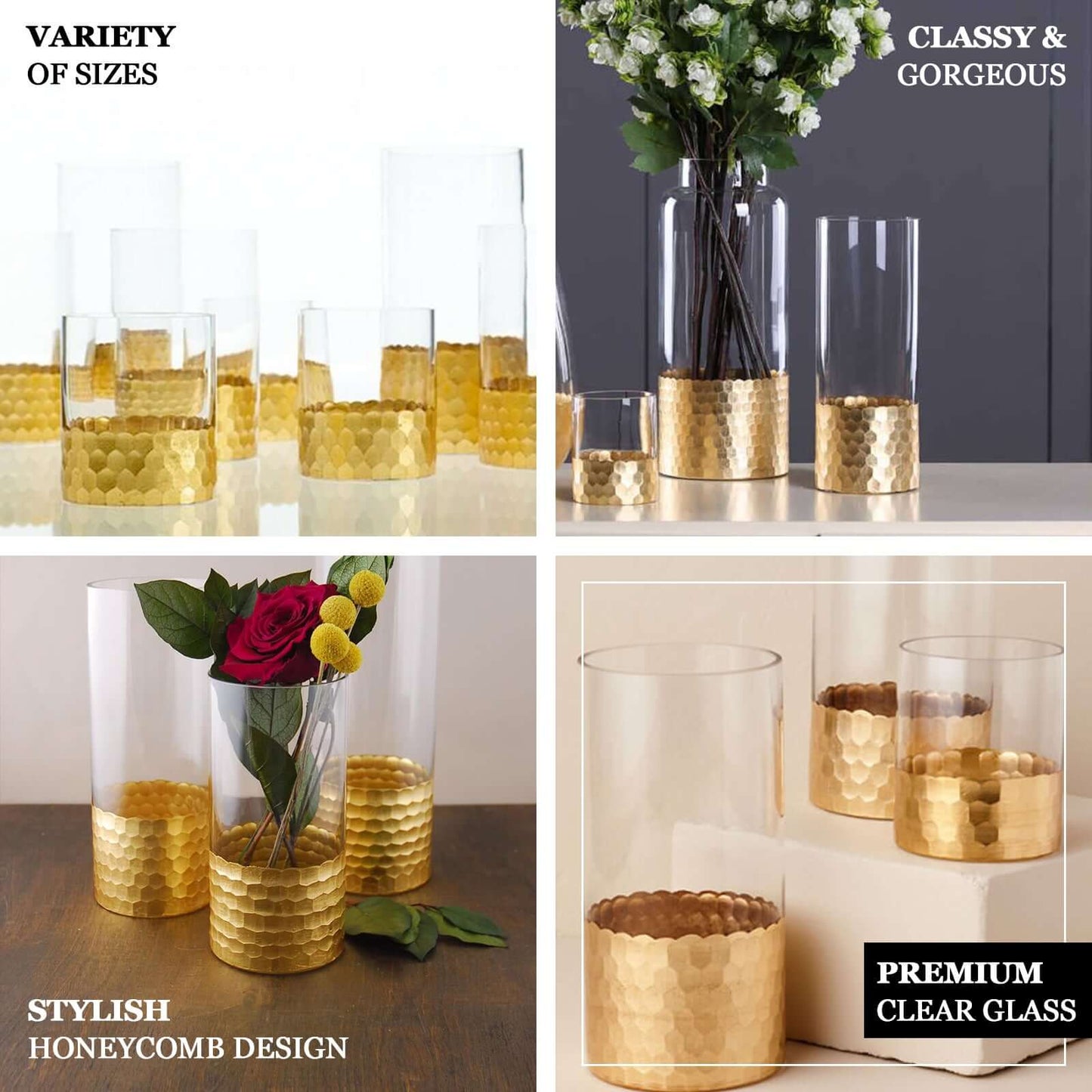 Set of 3 Glass Cylinder Vases Honeycomb Design Clear with Gold Base - Decorative Candle Holder Centerpieces 6", 8", 10" - Linen Luxes