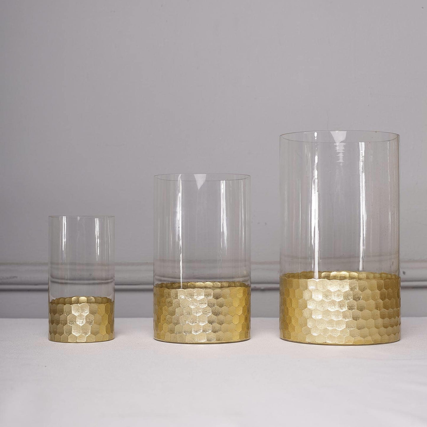 Set of 3 Glass Cylinder Vases Honeycomb Design Clear with Gold Base - Decorative Candle Holder Centerpieces 6", 8", 10" - Linen Luxes