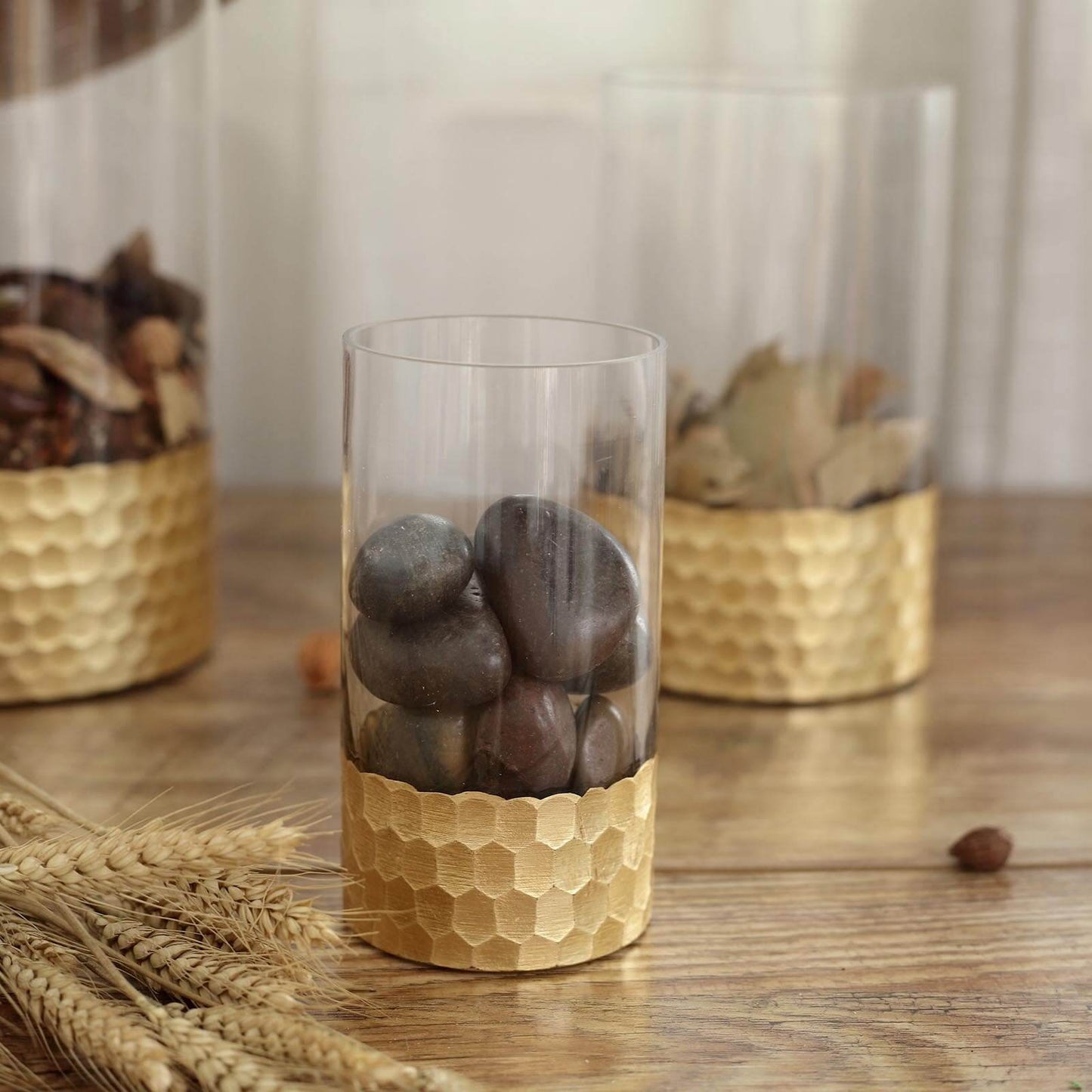 Set of 3 Glass Cylinder Vases Honeycomb Design Clear with Gold Base - Decorative Candle Holder Centerpieces 6", 8", 10" - Linen Luxes