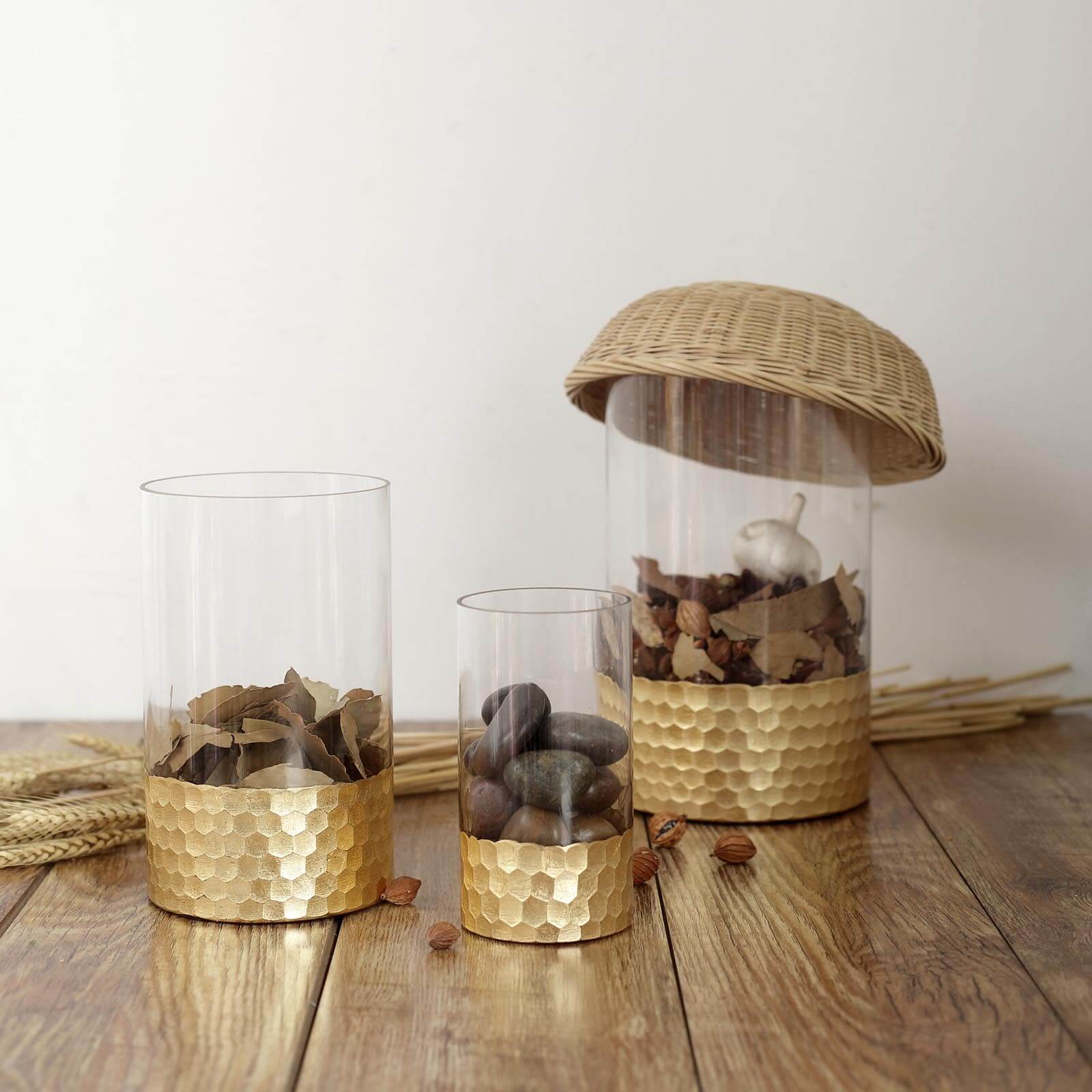 Set of 3 Glass Cylinder Vases Honeycomb Design Clear with Gold Base - Decorative Candle Holder Centerpieces 6", 8", 10" - Linen Luxes