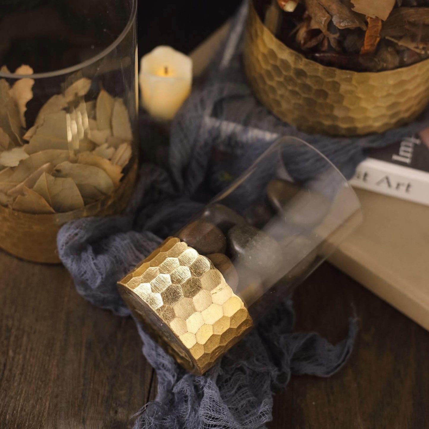 Set of 3 Glass Cylinder Vases Honeycomb Design Clear with Gold Base - Decorative Candle Holder Centerpieces 6", 8", 10" - Linen Luxes