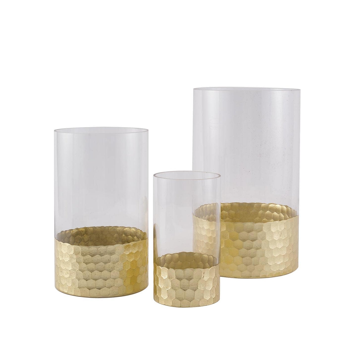 Set of 3 Glass Cylinder Vases Honeycomb Design Clear with Gold Base - Decorative Candle Holder Centerpieces 6", 8", 10" - Linen Luxes