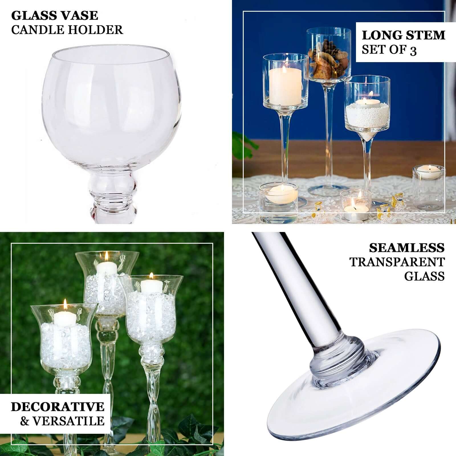 Set of 3 Glass Cylinder Vases Long Stem Clear - Decorative Candle Holder Floral Centerpieces 12", 14", 16" - Linen Luxes