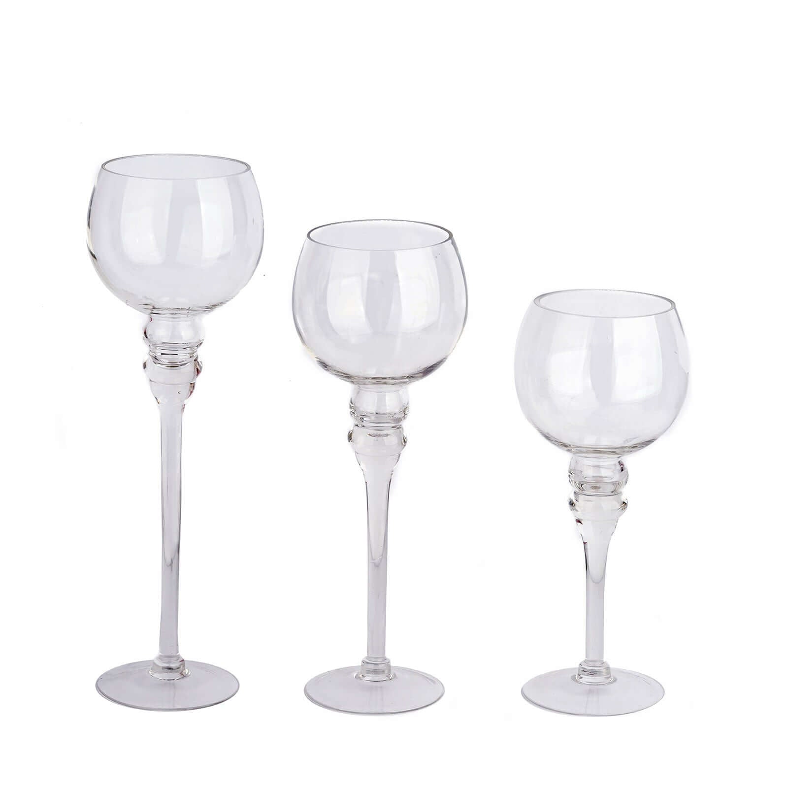Set of 3 Glass Globe Vases Long Stem Clear - Stylish Candle Holder Floral Centerpieces 12", 14", 16" - Linen Luxes