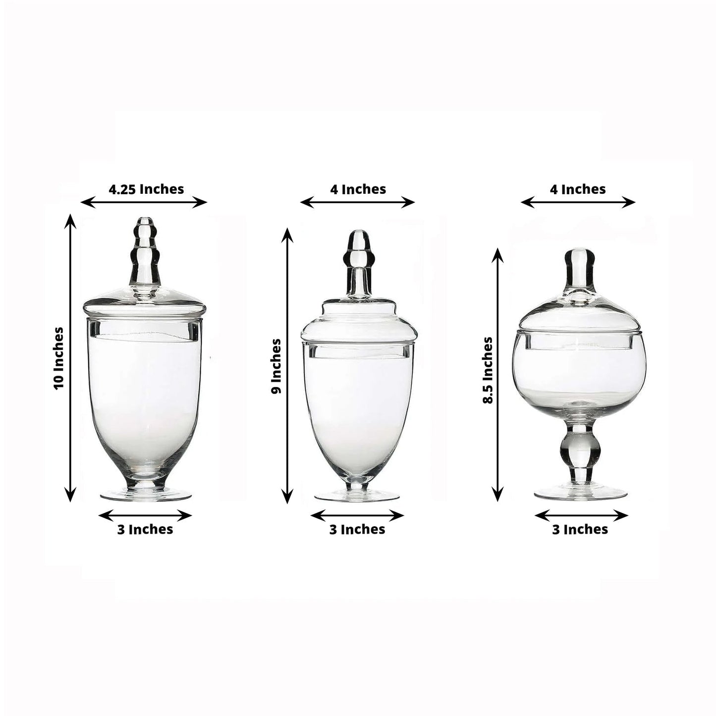 Set of 3 Glass Jars Apothecary Design Clear and Snap - On Lids - Stylish Decorative Candy Buffet Storage 8.5", 9", 10" - Linen Luxes