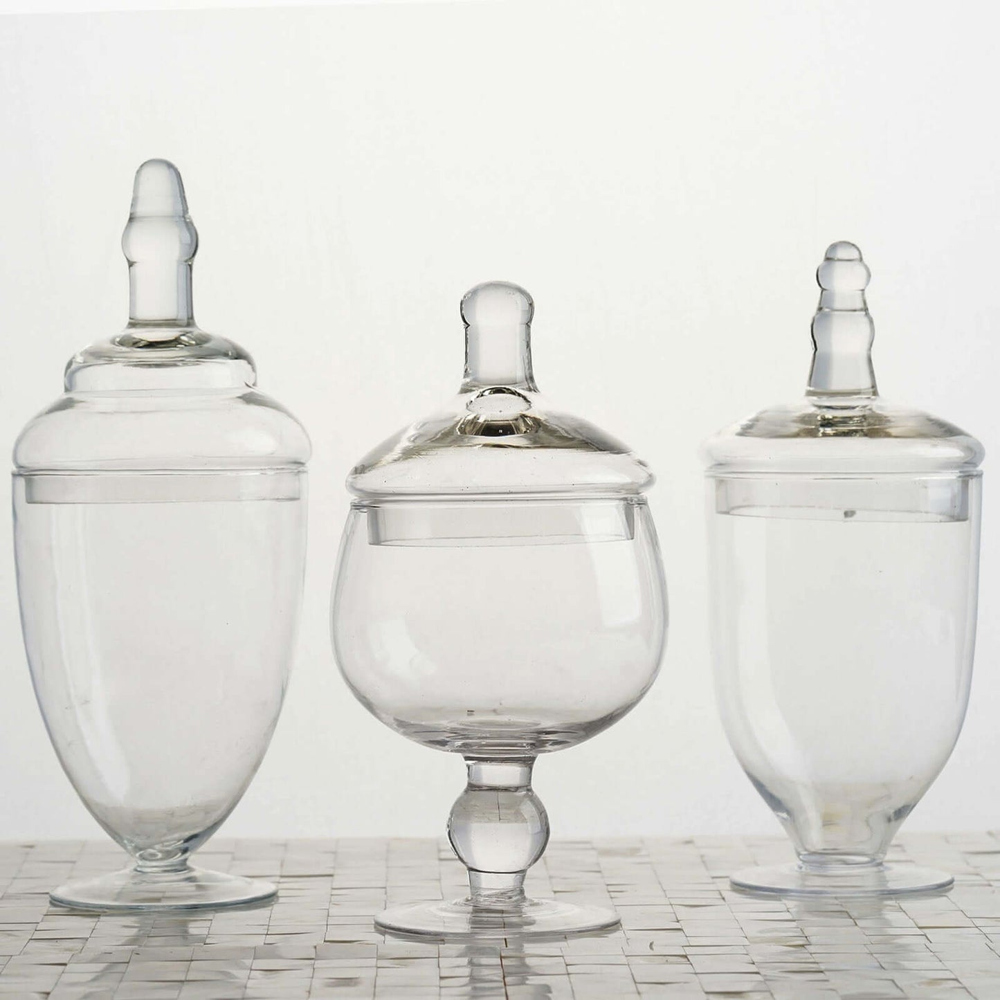 Set of 3 Glass Jars Apothecary Design Clear and Snap - On Lids - Stylish Decorative Candy Buffet Storage 8.5", 9", 10" - Linen Luxes