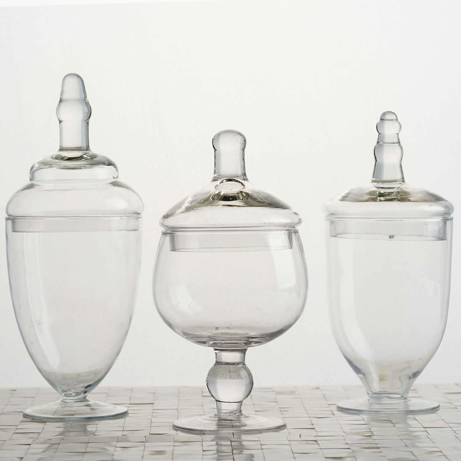 Set of 3 Glass Jars Apothecary Design Clear and Snap - On Lids - Stylish Decorative Candy Buffet Storage 8.5", 9", 10" - Linen Luxes