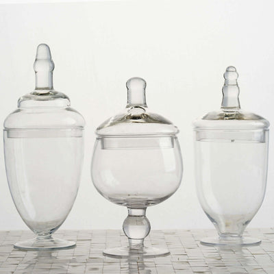 Set of 3 Glass Jars Apothecary Design Clear and Snap - On Lids - Stylish Decorative Candy Buffet Storage 8.5", 9", 10" - Linen Luxes