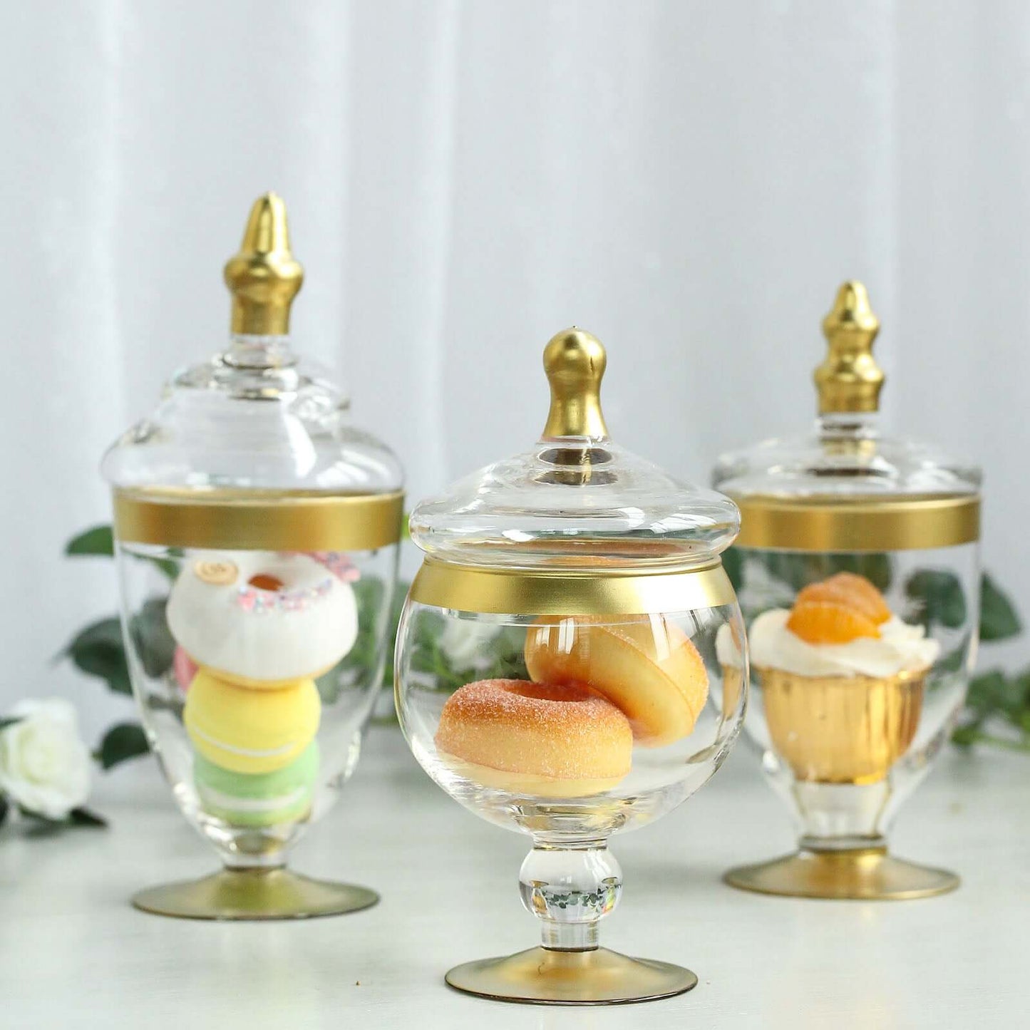 Set of 3 Glass Jars Apothecary Design Clear with Gold Trim and Snap - On Lids - Stylish Decorative Candy Buffet Storage 8.5", 9", 10" - Linen Luxes