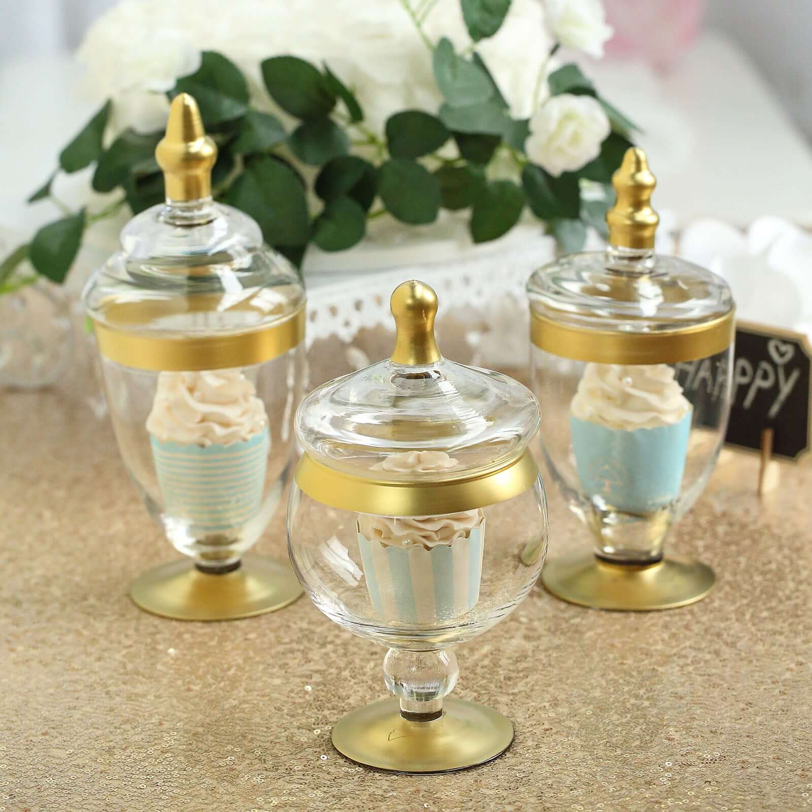 Set of 3 Glass Jars Apothecary Design Clear with Gold Trim and Snap - On Lids - Stylish Decorative Candy Buffet Storage 8.5", 9", 10" - Linen Luxes