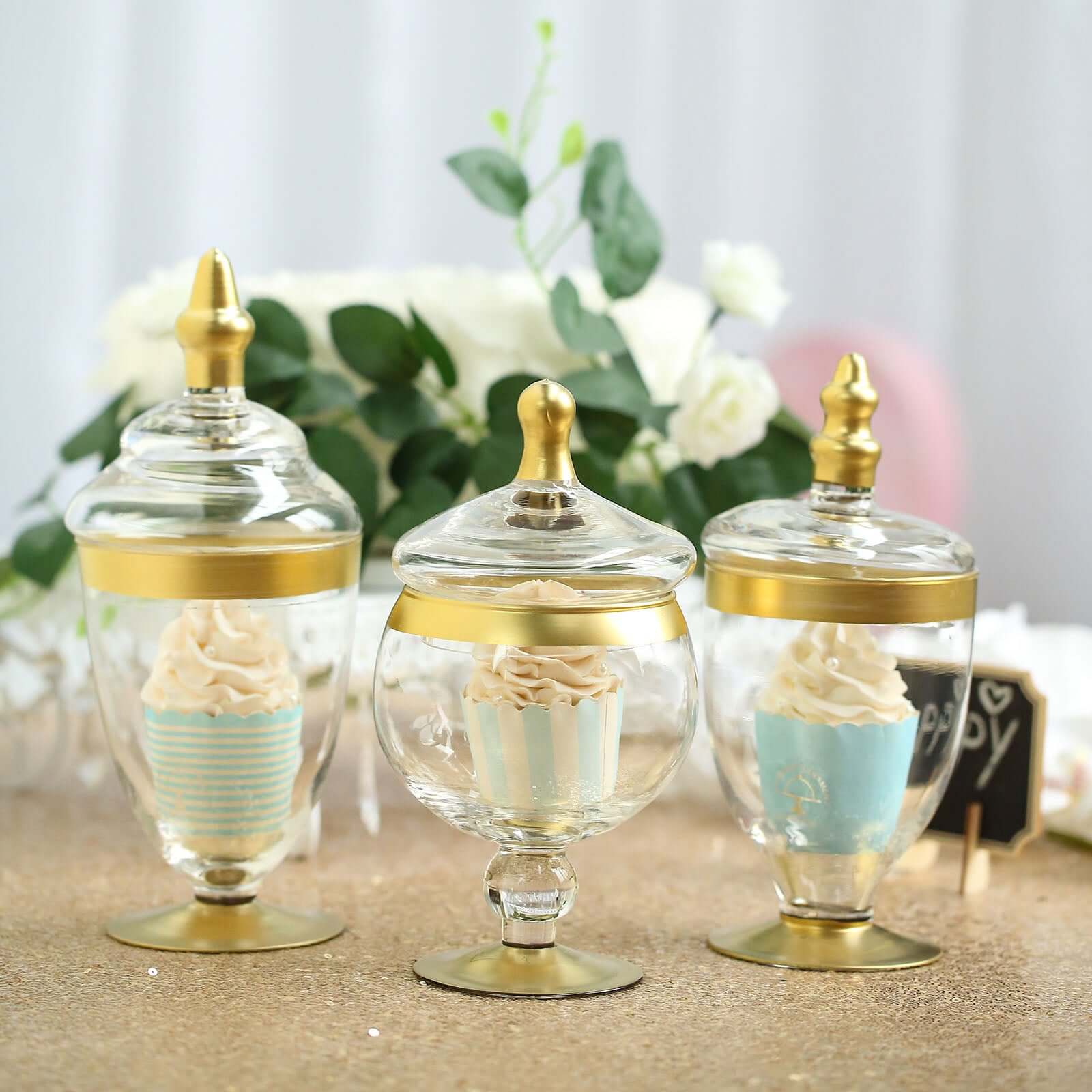 Set of 3 Glass Jars Apothecary Design Clear with Gold Trim and Snap - On Lids - Stylish Decorative Candy Buffet Storage 8.5", 9", 10" - Linen Luxes