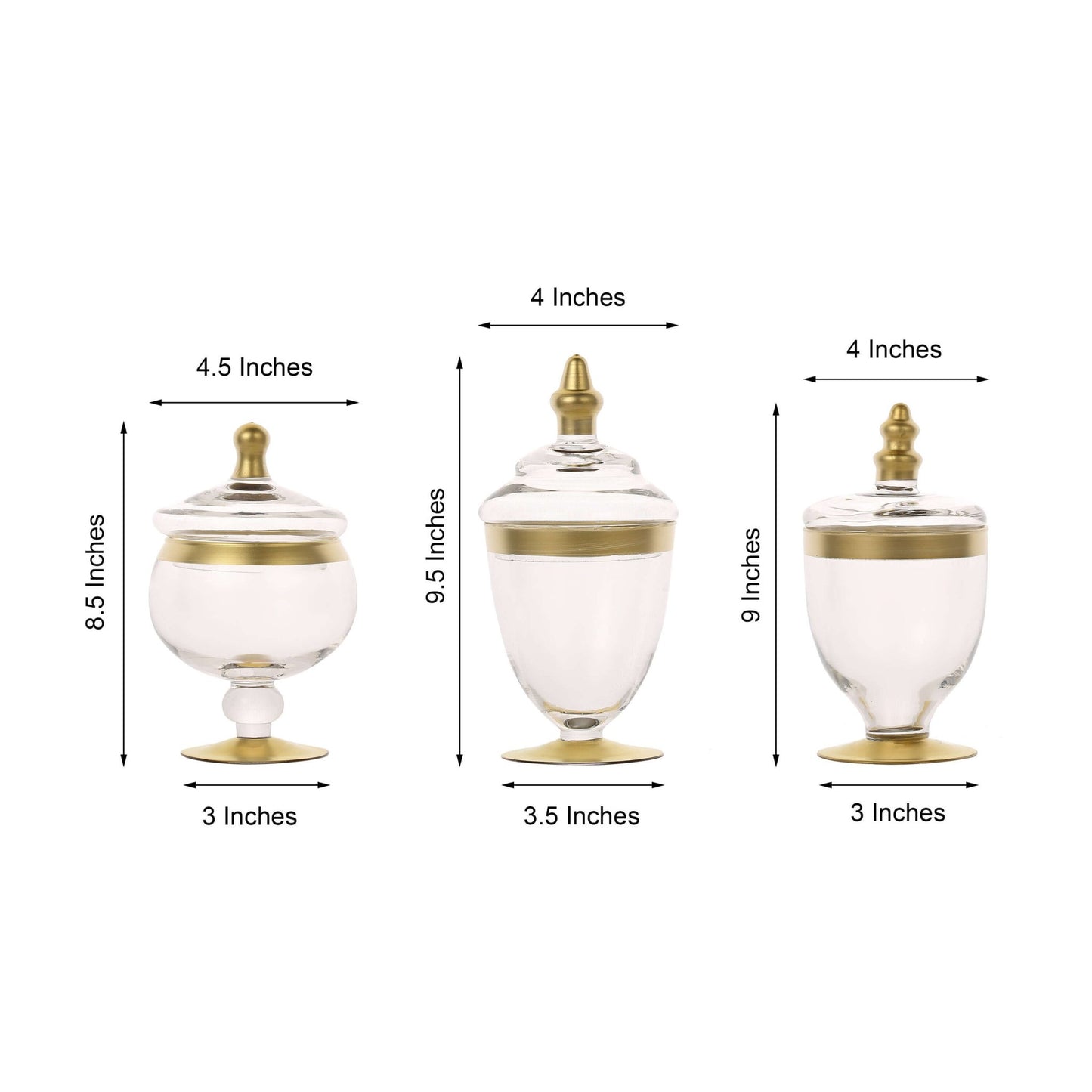 Set of 3 Glass Jars Apothecary Design Clear with Gold Trim and Snap - On Lids - Stylish Decorative Candy Buffet Storage 8.5", 9", 10" - Linen Luxes