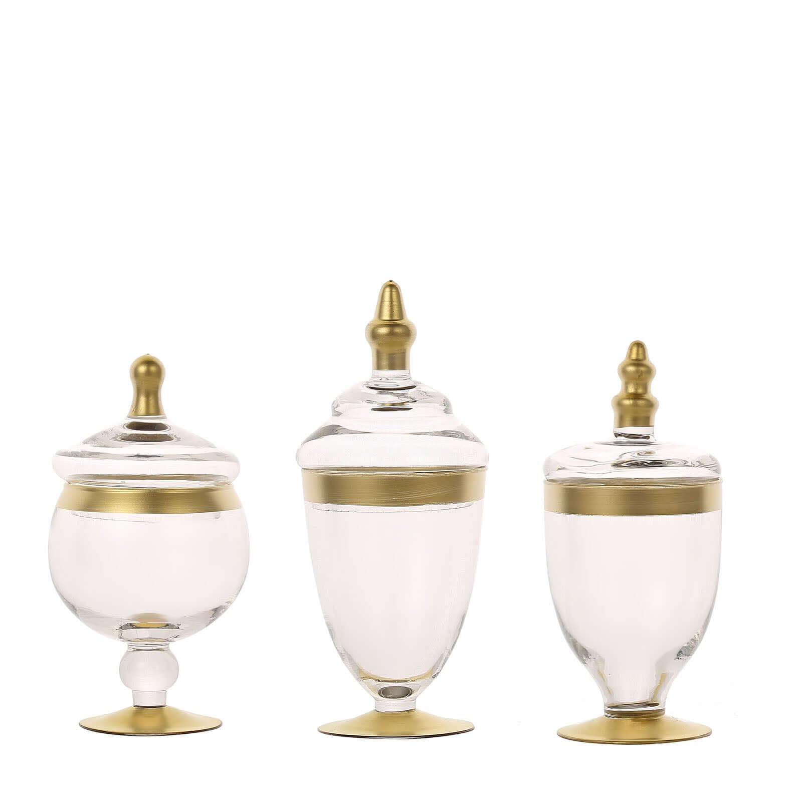 Set of 3 Glass Jars Apothecary Design Clear with Gold Trim and Snap - On Lids - Stylish Decorative Candy Buffet Storage 8.5", 9", 10" - Linen Luxes