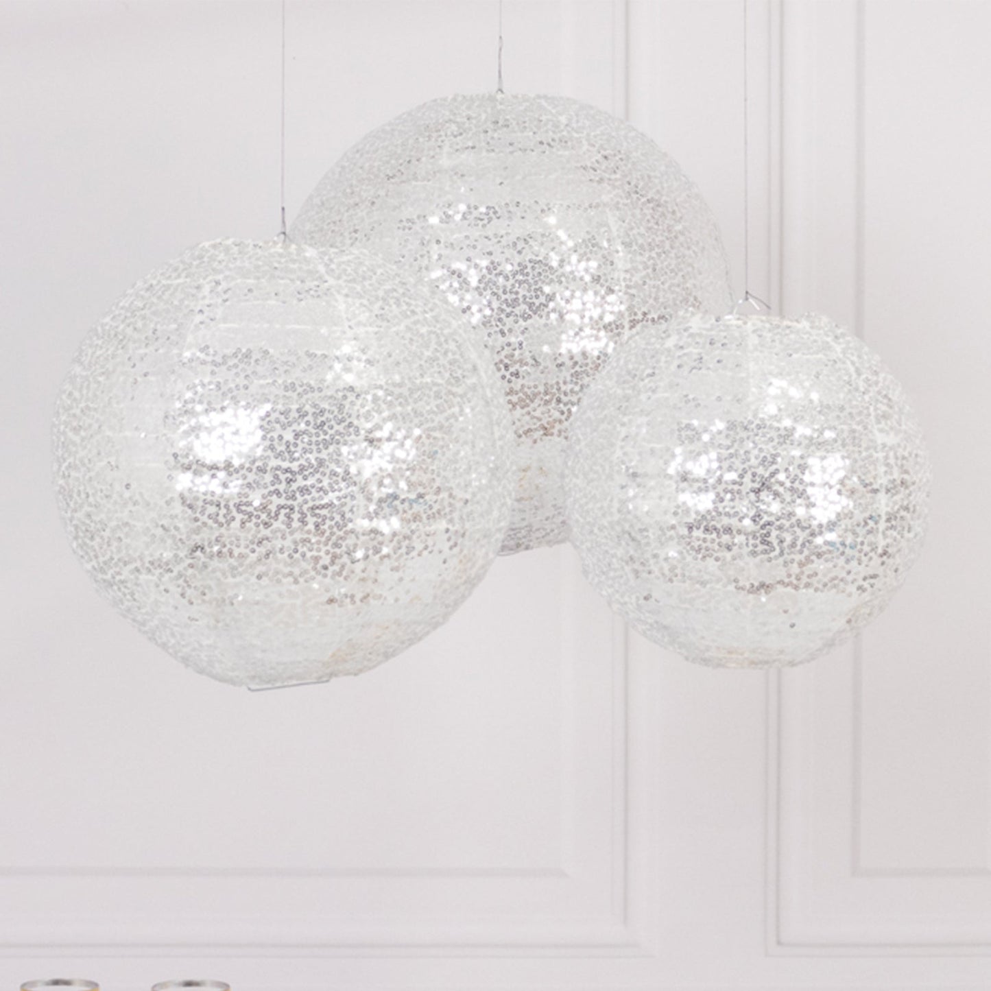 Set of 3 Glitter Silver Sequin Fabric Hanging Lanterns, Decorative Round Foldable Chinese Lantern Lampshades - 8",10",12"