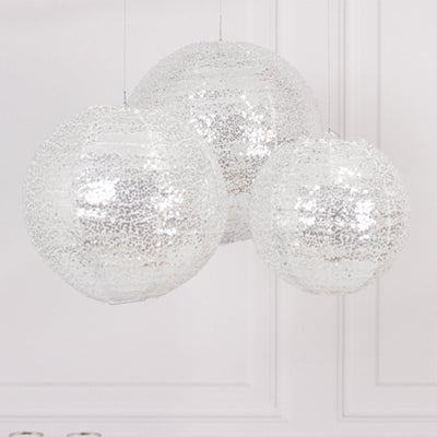 Set of 3 Glitter Silver Sequin Fabric Hanging Lanterns, Decorative Round Foldable Chinese Lantern Lampshades - 8",10",12"