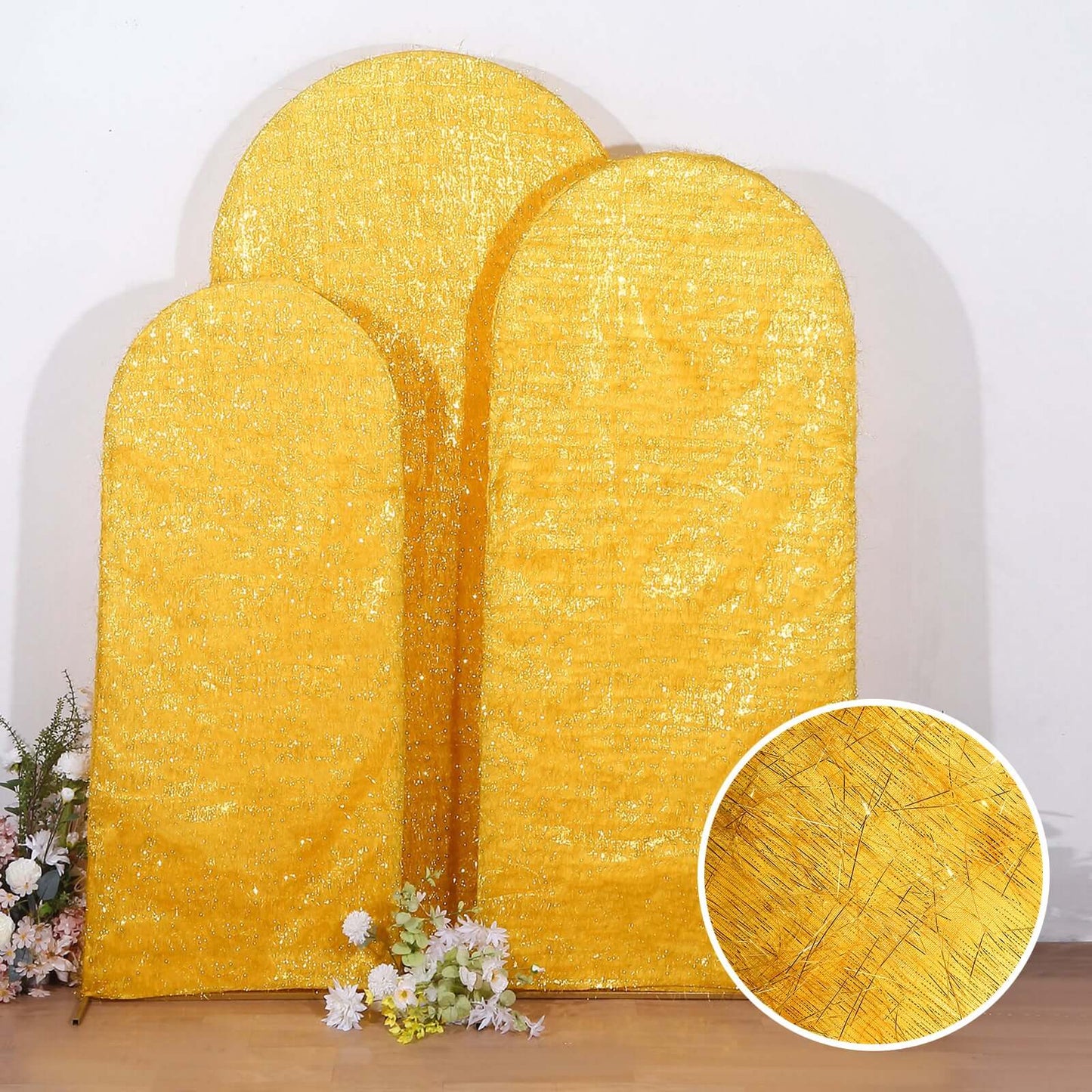Set of 3 Gold Metallic Fringe Chiara Wedding Arch Covers, Fitted Covers For Round Top Backdrop Stands - 5ft, 6ft, 7ft