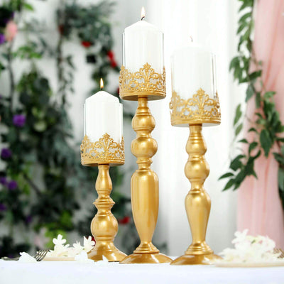 Set of 3 Lace Hurricane Candle Holders Antique Gold with Glass Shades - Chic Pillar Candle Stands 12", 14", 17" - Linen Luxes